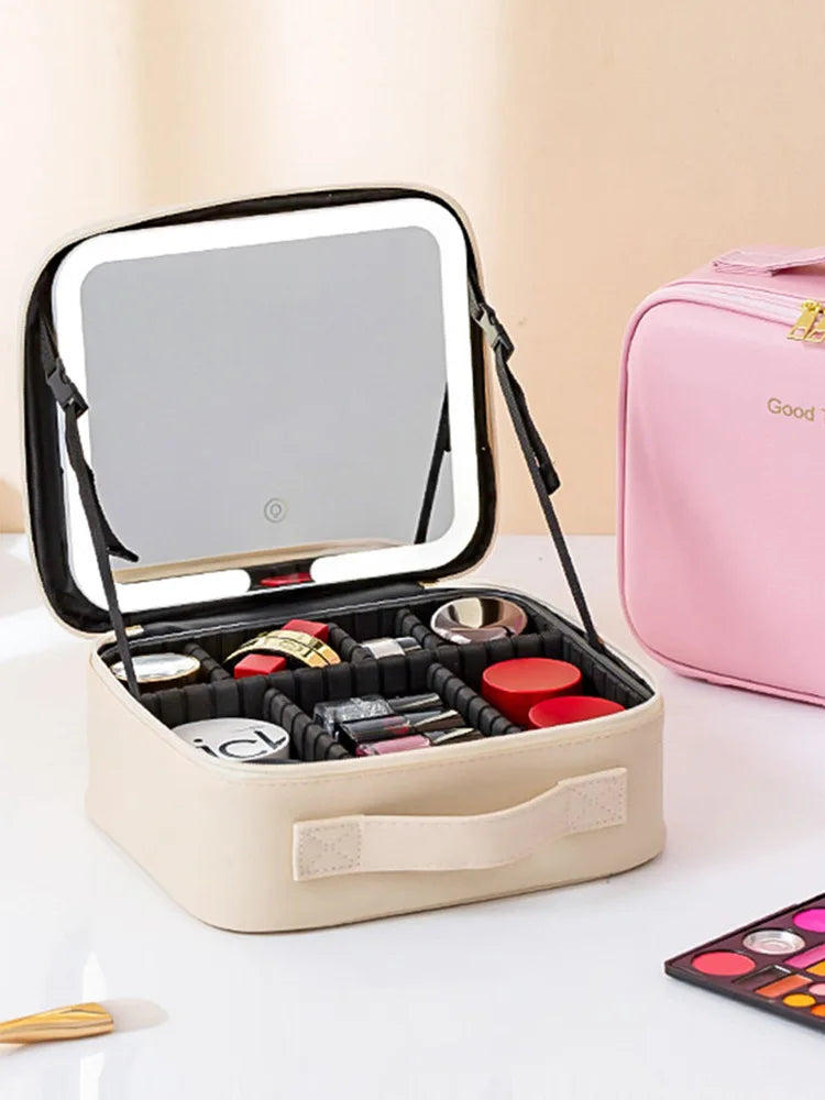 Premium LED Travel Cosmetic Bag with Mirror Women's Portable Large Capacity Makeup Brush Case Portable Partition Beauty Bag