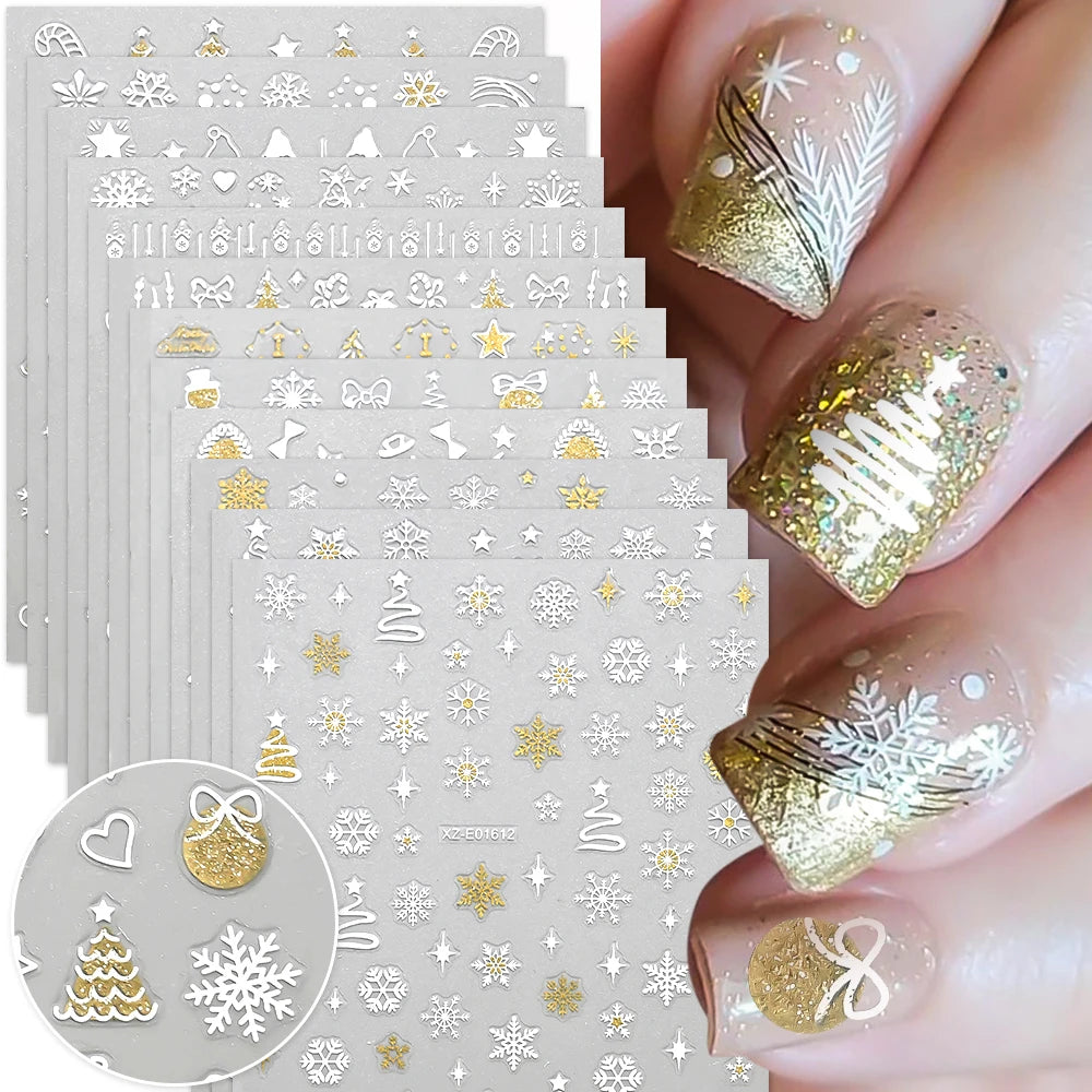 12pcs Christmas Golden Glitter Nail Stickers - Sparkling White Snowflakes, Christmas Trees Winter Nail Decoratio Manicure Decals