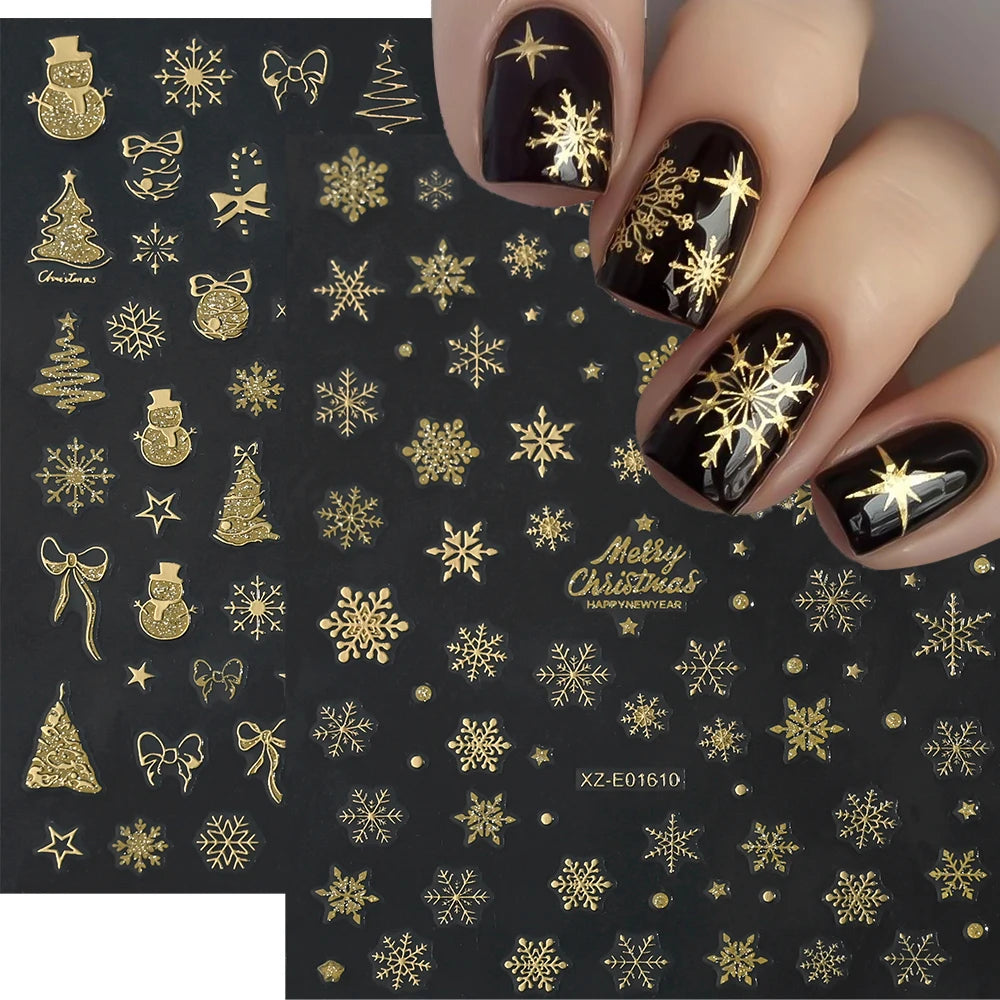1Pcs 3D Gold Santa Claus Christmas Tree Nail Sticker Bronzing Shiny Snowflake Elk Bowknot Star Elegant Winter Xmas Nail Decals&%