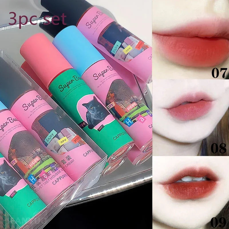 1PC/3PC Lovely Cat Collage Lipgloss Long Lasting Matte Lipstick Lip Makeup Tint Nude Red Lipgloss Waterproof Lipstick Cosmetics