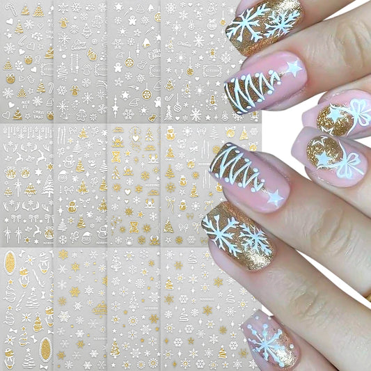 12pcs Christmas Golden Glitter Nail Stickers - Sparkling White Snowflakes, Christmas Trees Winter Nail Decoratio Manicure Decals