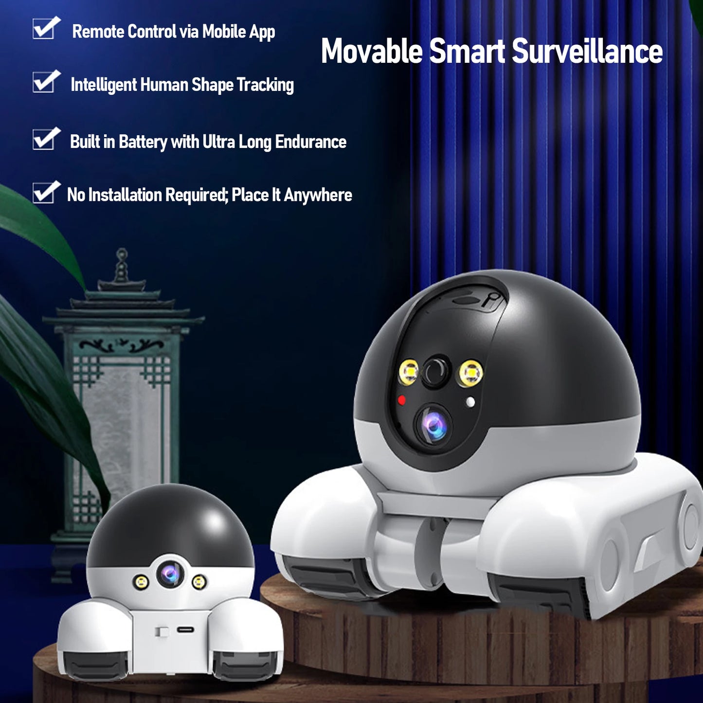 Indoor Security Camera 2MP Double Lens 5200mAh Rechargeable Battery APP Remote Control Pet Robot Camera for Home for Cats Dogs