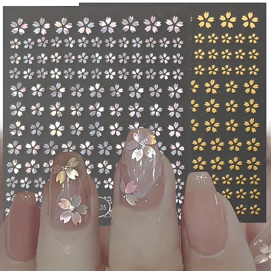 3DLaser Sakura Nail Stickers Holographic Laser Snake Pattern Slider Sakura Water Transfer Nail Decoration Set
