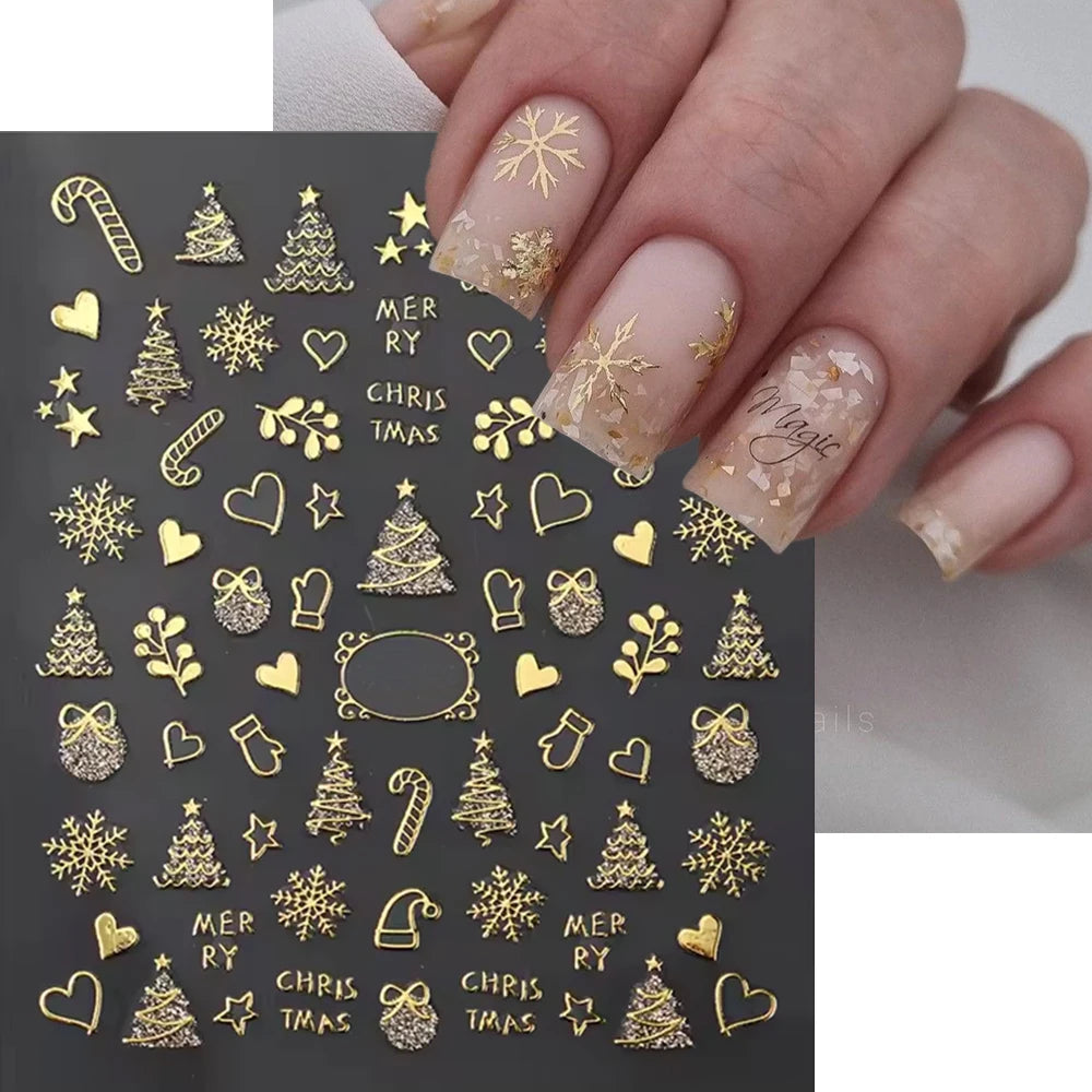 2pcs Luxury Gold Christmas 3D Nail Sticker Glitter Snowflakes Xmas Tree Gingerbread Nail Decals Adhesive Winter Xmas Nail Slider