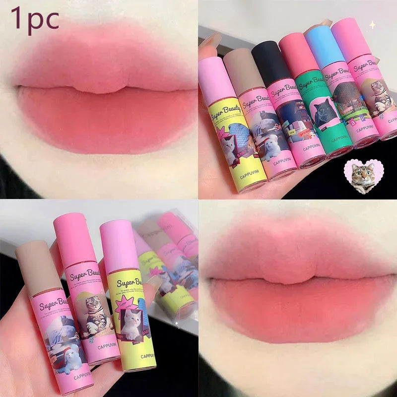1PC/3PC Lovely Cat Collage Lipgloss Long Lasting Matte Lipstick Lip Makeup Tint Nude Red Lipgloss Waterproof Lipstick Cosmetics
