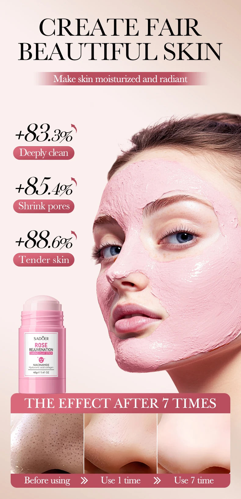 SADOER Green Tea Rose Face Masks Stick Clay Mask Shrink Pores Deep Blackhead Remover Facial Cleansing Moisturizing Facial Masks