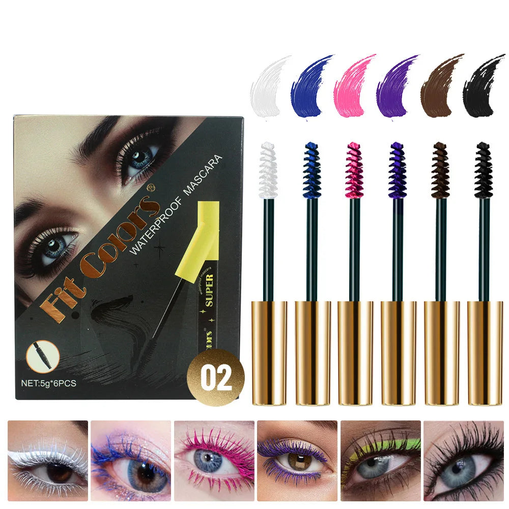 6 Color/Set Colored Mascara Cream Blue Green Lasting Waterproof Mascara Curling Eyelashes Thick Curl 3D Non-smudding Mascara