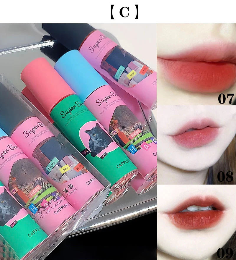 1PC/3PC Lovely Cat Collage Lipgloss Long Lasting Matte Lipstick Lip Makeup Tint Nude Red Lipgloss Waterproof Lipstick Cosmetics