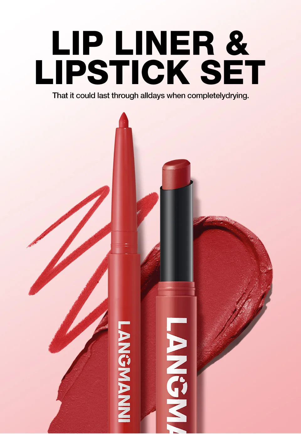 2Pcs/Set Matte Lipstick Lip Liner Pencil Non-Stick Cup Long-Lasting Velvet Red Lipstick Pen Smooth Lipliner Waterproof Makeup