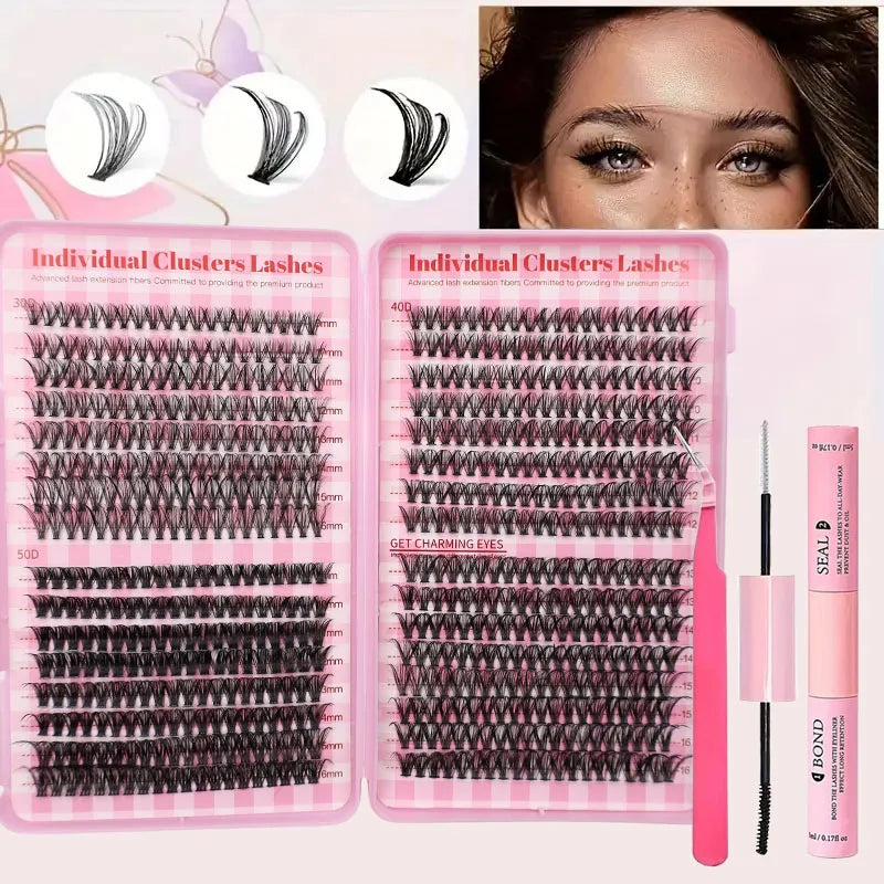 DIY eyelash glue set 640 tuft luxury eyelash extension kit, with D-curled single eyelashes, eyelash clusters, eyelash bonding an