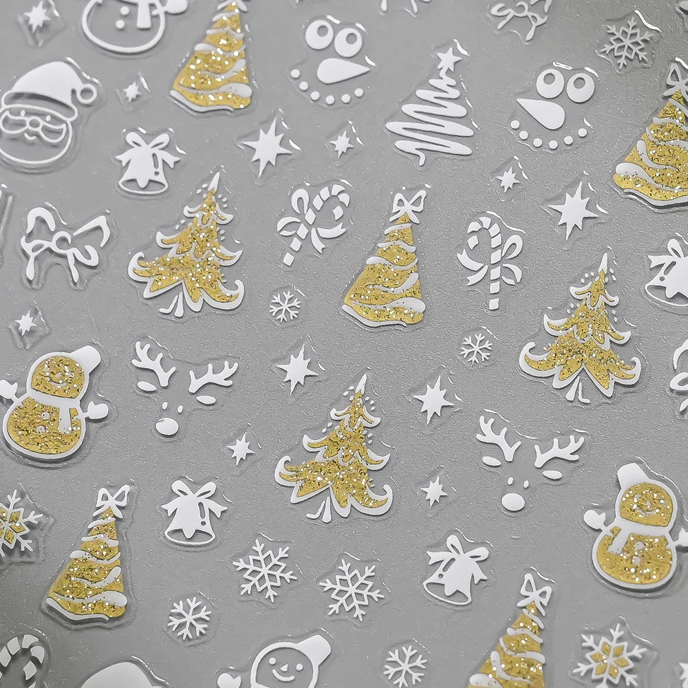 12pcs Christmas Golden Glitter Nail Stickers - Sparkling White Snowflakes, Christmas Trees Winter Nail Decoratio Manicure Decals