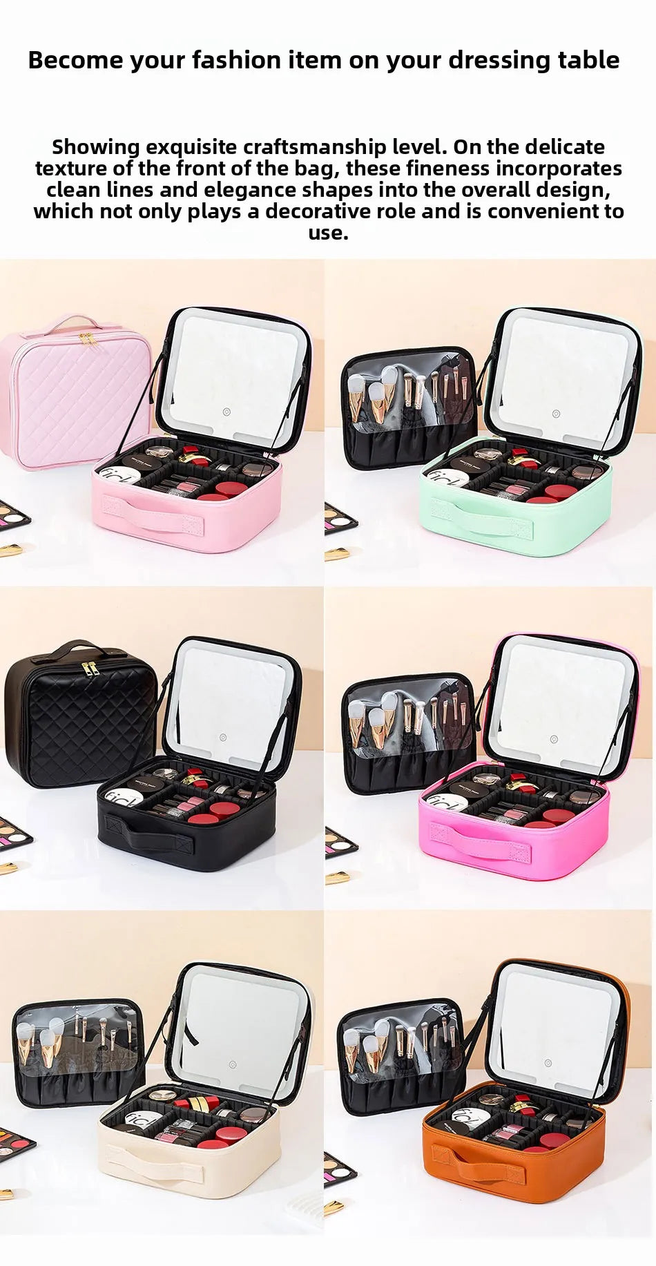Premium LED Travel Cosmetic Bag with Mirror Women's Portable Large Capacity Makeup Brush Case Portable Partition Beauty Bag
