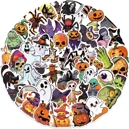 50PCS Cute Halloween Stickers Cartoon Ghost Pumpkin Castle Black Cat Pumpkin Skull Bat Creative Personality Celebration Festival