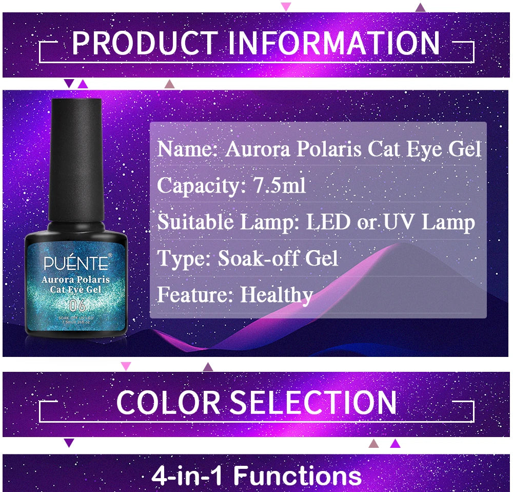 PUENTE 6pcs/set Aurora Shell Thread Cat Magnetic Gel Nail Polish 9D Aurora Glitter Pearl Cat Eye Soak Off UV Nail Art Varnish