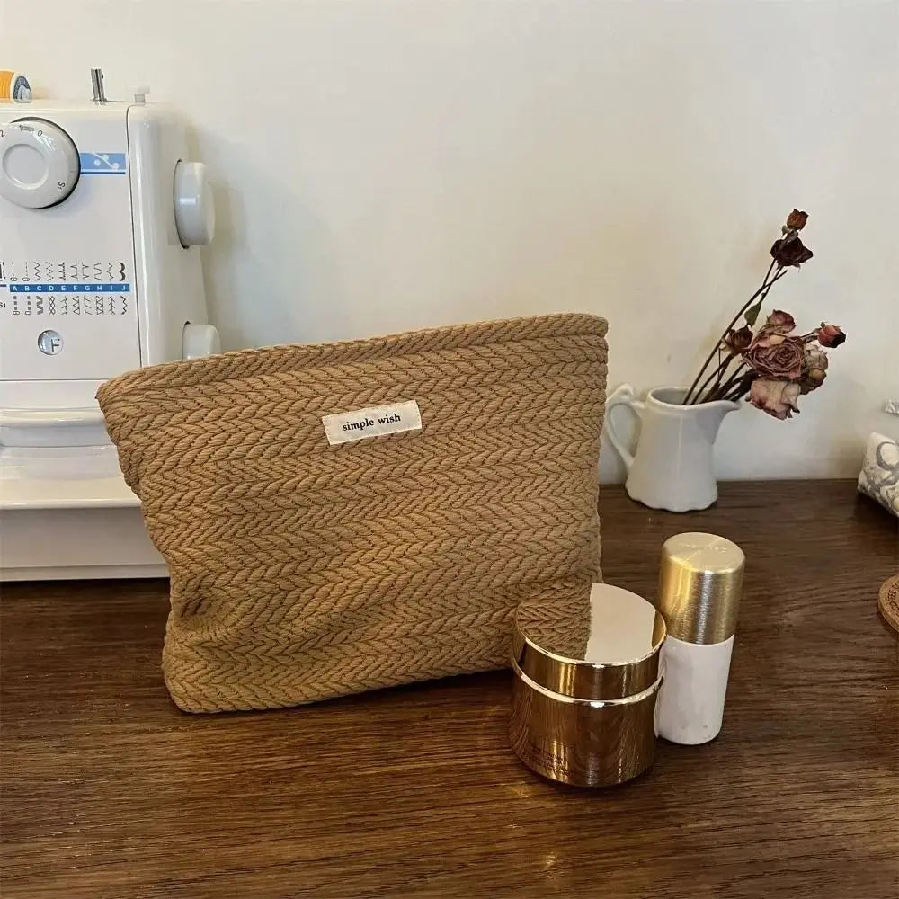 Handbag Woven Fabric Makeup Bag for Women Large Capacity Solid Color Cosmetic Pouch Small Organizer Zipper Beauty Case Travel