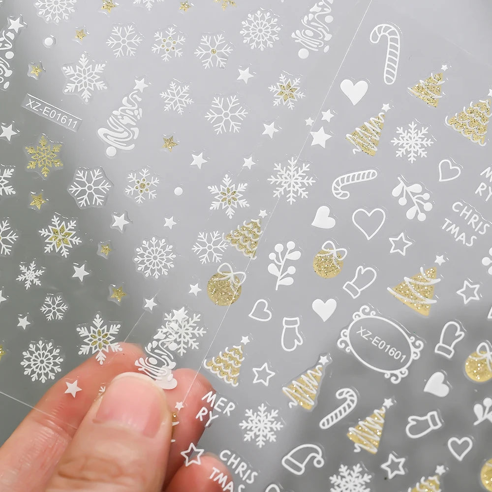 12pcs Christmas Golden Glitter Nail Stickers - Sparkling White Snowflakes, Christmas Trees Winter Nail Decoratio Manicure Decals
