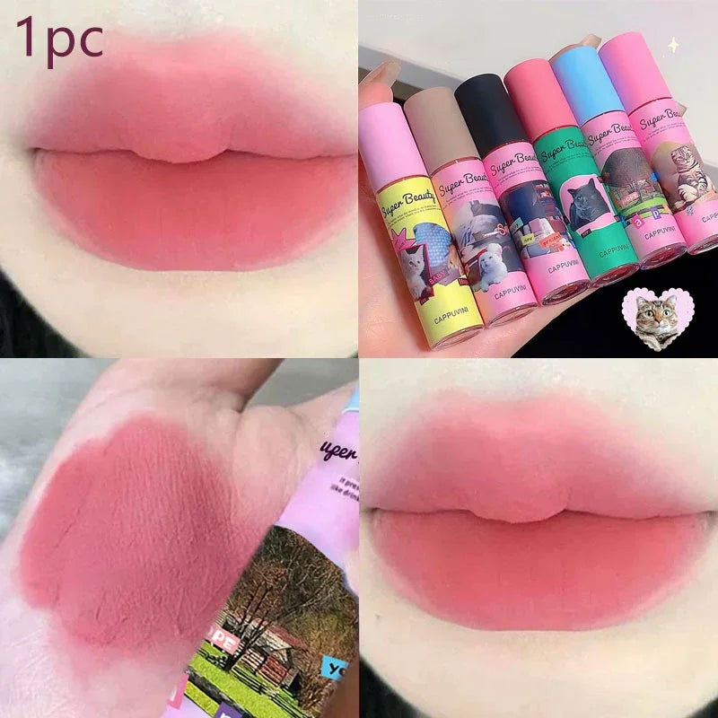 1PC/3PC Lovely Cat Collage Lipgloss Long Lasting Matte Lipstick Lip Makeup Tint Nude Red Lipgloss Waterproof Lipstick Cosmetics