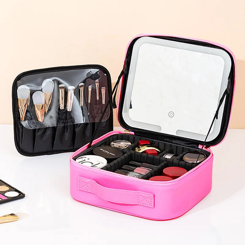Premium LED Travel Cosmetic Bag with Mirror Women's Portable Large Capacity Makeup Brush Case Portable Partition Beauty Bag