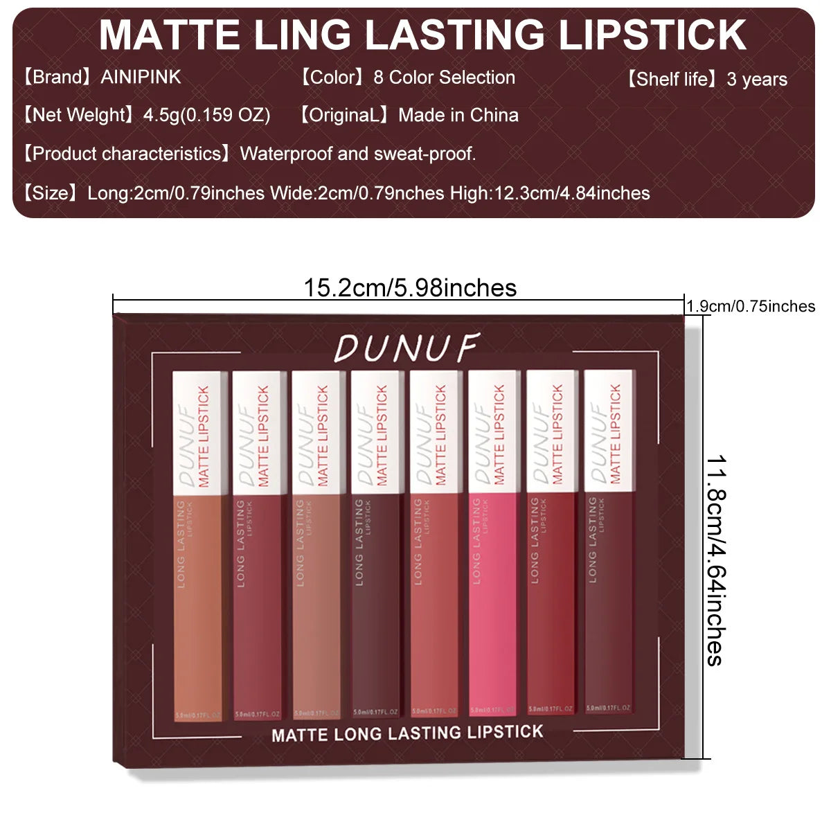 8PCS Long Lasting Matte Lipstick Set Waterproof Non Sticky Lip Glaze Never Fade Non Transfer Lipgloss