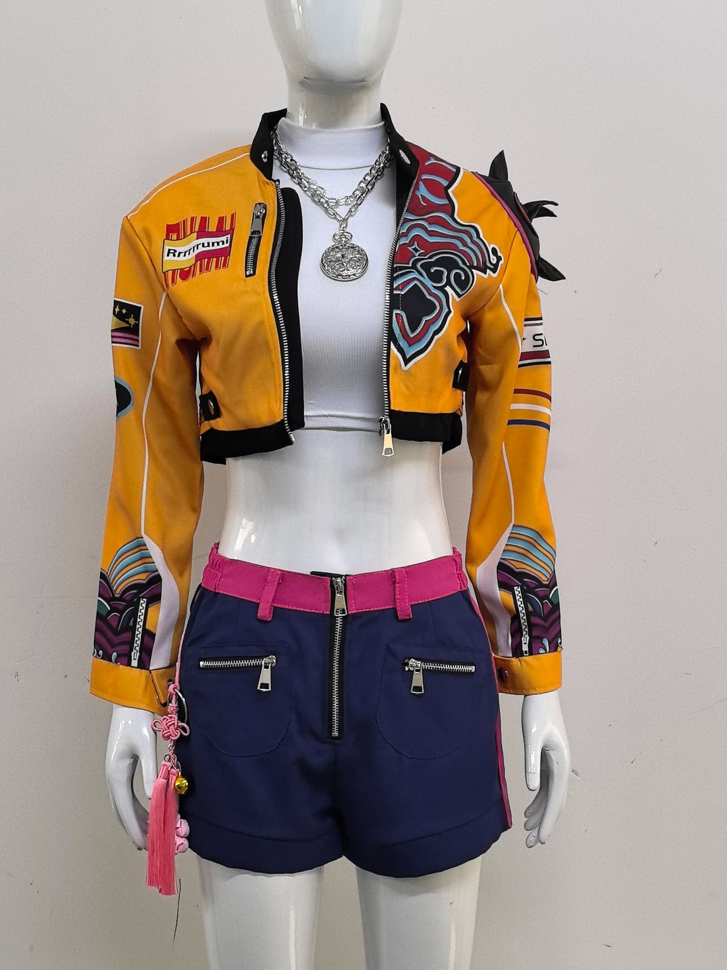 Rumi Cosplay Costume Anime Movie KPop Demon Hunters Yellow Jacket Huntrix Uniform Earrings Shorts Halloween Women Girls