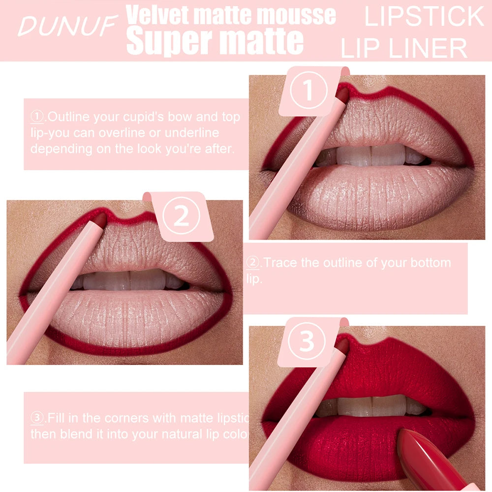 Red Brown Matte Lipstick Lip Liner Set Waterproof Long Lasting Hydrating Non Sticky Contour Lip Makeup
