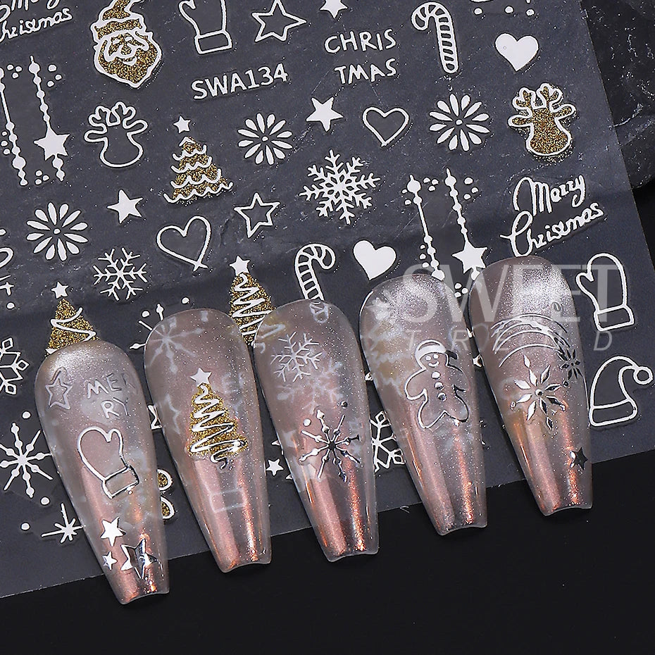 2pcs Christmas Nail Art Stickers Glitter Gold Silver Snowflake Xmas Tree Gingerbread DIY Nail Decoration Winter Manicure Decals