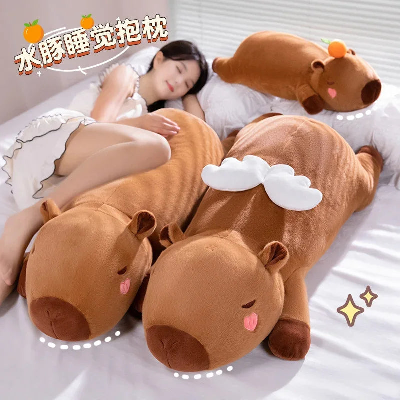 60cm-100cm Kawaii Cartoon Giant Strip Capybara Plush Doll Pillow Lying Brown Orange Wings Creative Capybara Plush Toy Home Decor