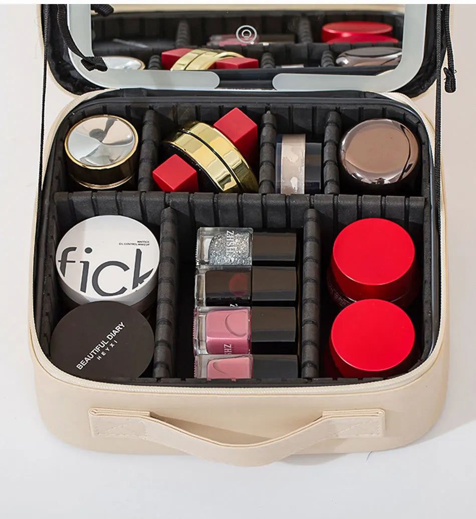 Premium LED Travel Cosmetic Bag with Mirror Women's Portable Large Capacity Makeup Brush Case Portable Partition Beauty Bag