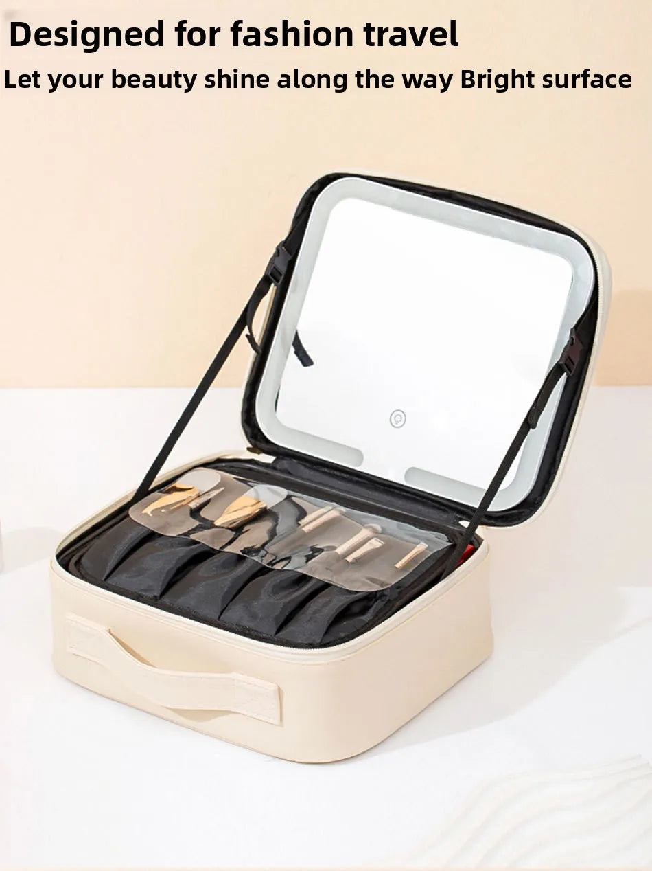 Premium LED Travel Cosmetic Bag with Mirror Women's Portable Large Capacity Makeup Brush Case Portable Partition Beauty Bag