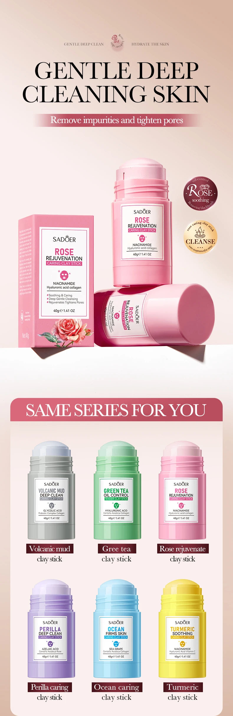 SADOER Rose Face Masks Stick Clay Mask Shrink Pores Deep Blackhead Remover Facial Cleansing Moisturizing