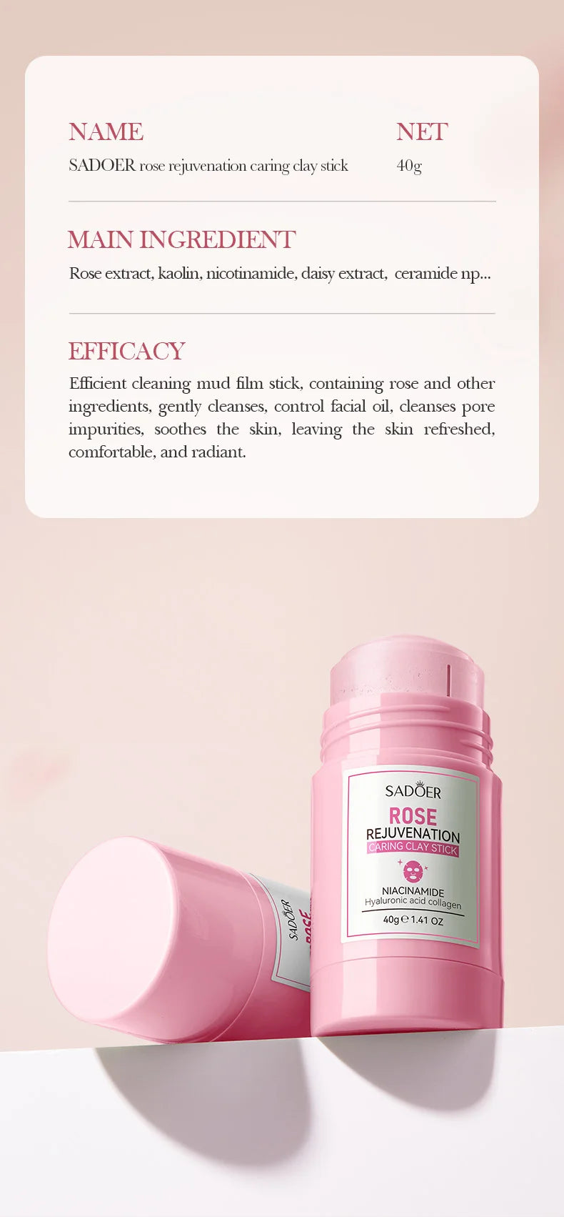 SADOER Rose Face Masks Stick Clay Mask Shrink Pores Deep Blackhead Remover Facial Cleansing Moisturizing