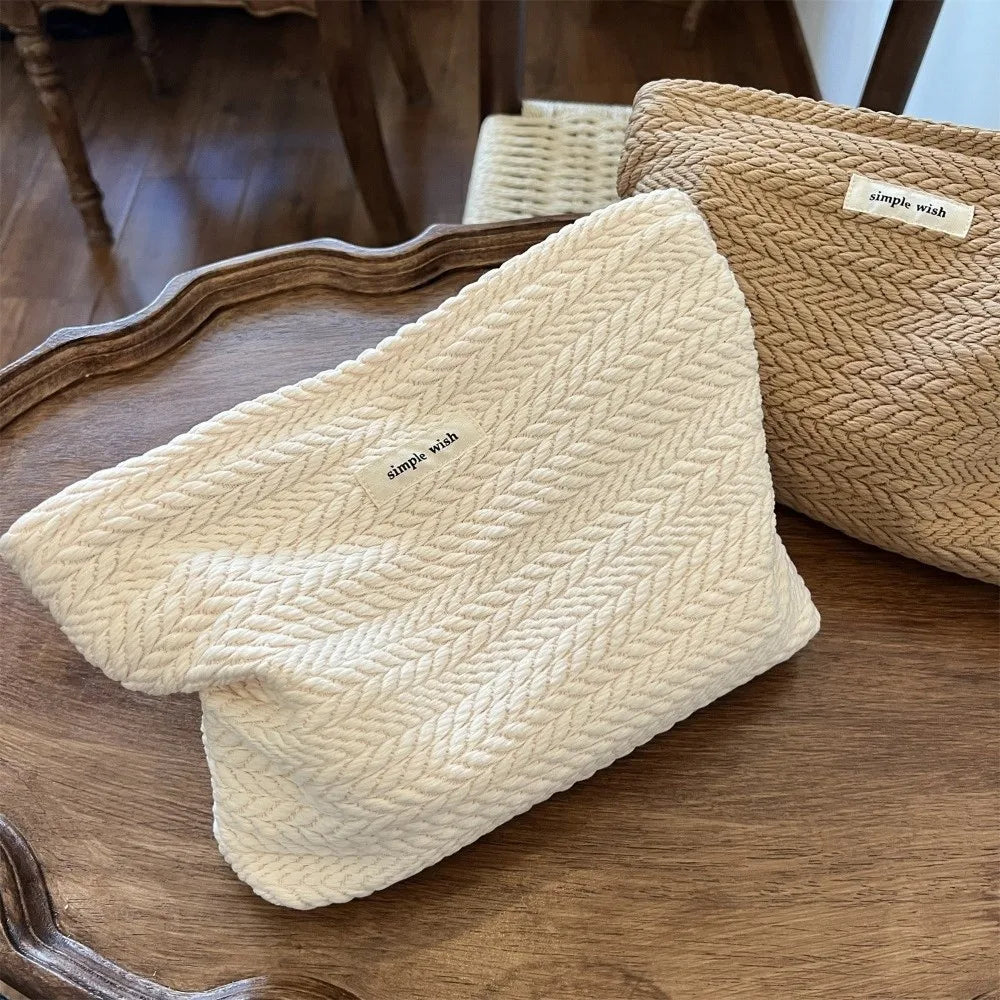 Handbag Woven Fabric Makeup Bag for Women Large Capacity Solid Color Cosmetic Pouch Small Organizer Zipper Beauty Case Travel
