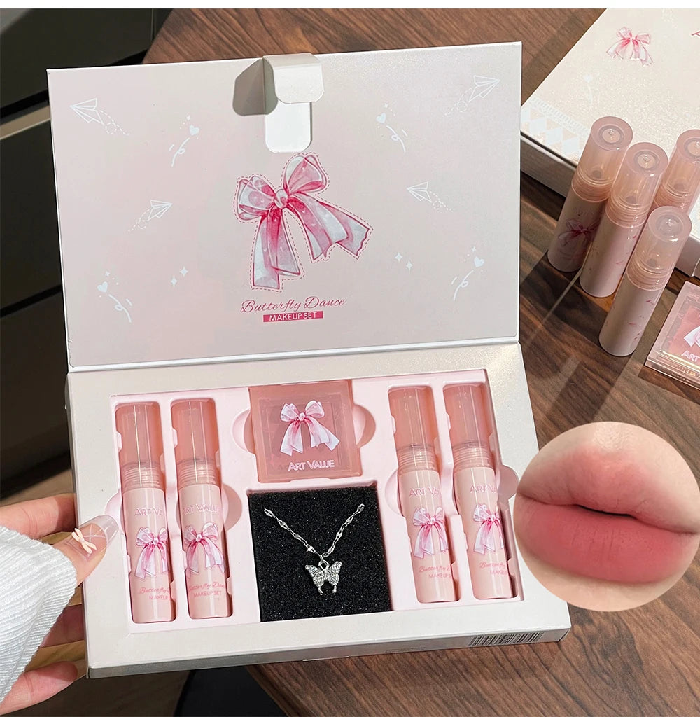 6Pcs/Box Matte Lipstick Set Lips Makeup Velvet Nude Lip Gloss Moisturizing Lip Glaze Face Blush Palette Makeup Set Necklace Gift