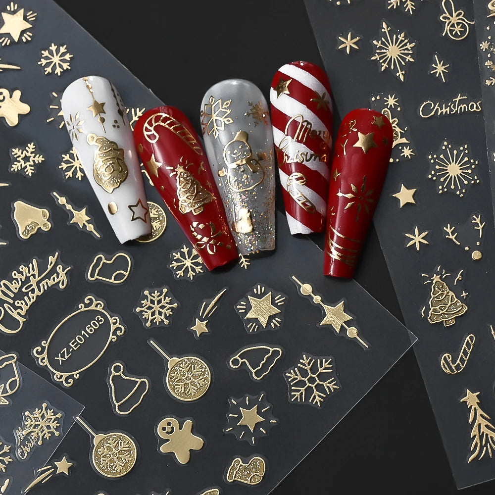 1Pcs 3D Gold Santa Claus Christmas Tree Nail Sticker Bronzing Shiny Snowflake Elk Bowknot Star Elegant Winter Xmas Nail Decals&%