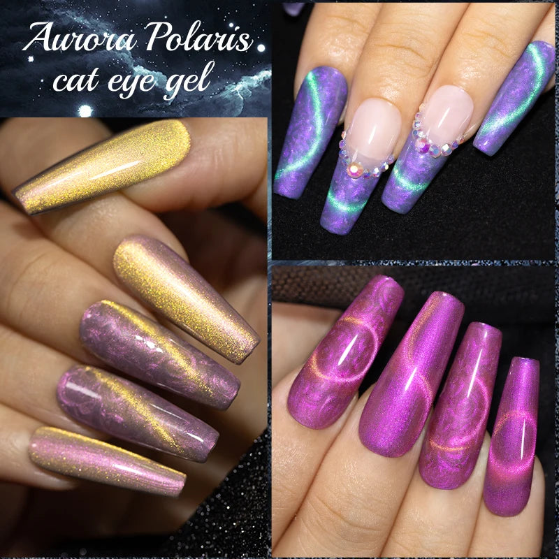 PUENTE 6pcs/set Aurora Shell Thread Cat Magnetic Gel Nail Polish 9D Aurora Glitter Pearl Cat Eye Soak Off UV Nail Art Varnish