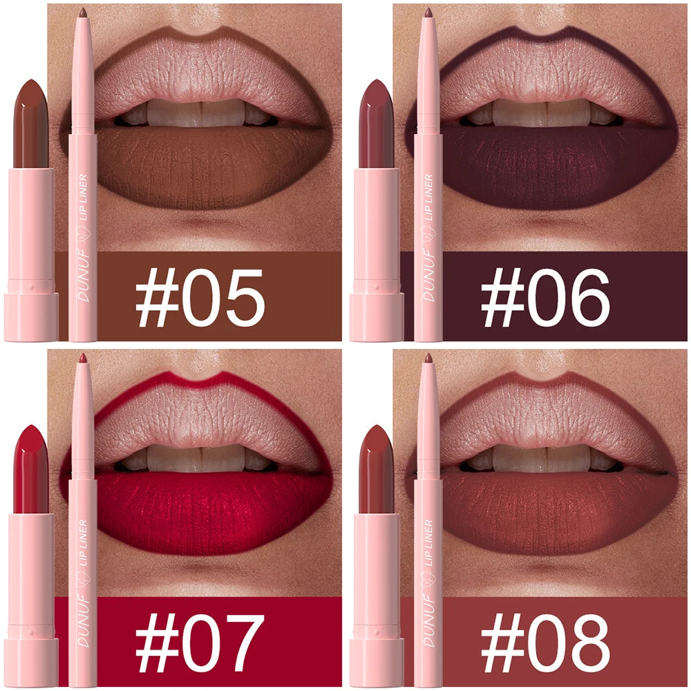 Red Brown Matte Lipstick Lip Liner Set Waterproof Long Lasting Hydrating Non Sticky Contour Lip Makeup