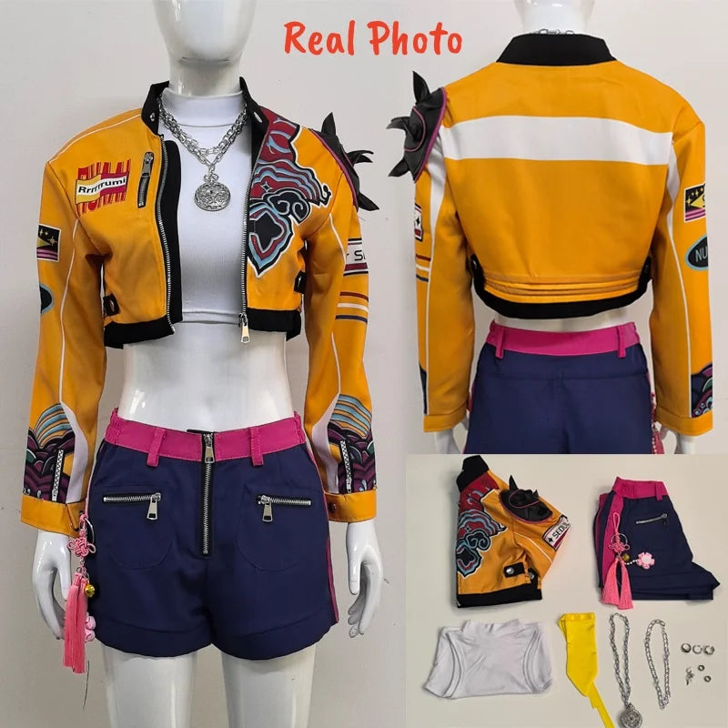 Rumi Cosplay Costume Anime Movie KPop Demon Hunters Yellow Jacket Huntrix Uniform Earrings Shorts Halloween Women Girls