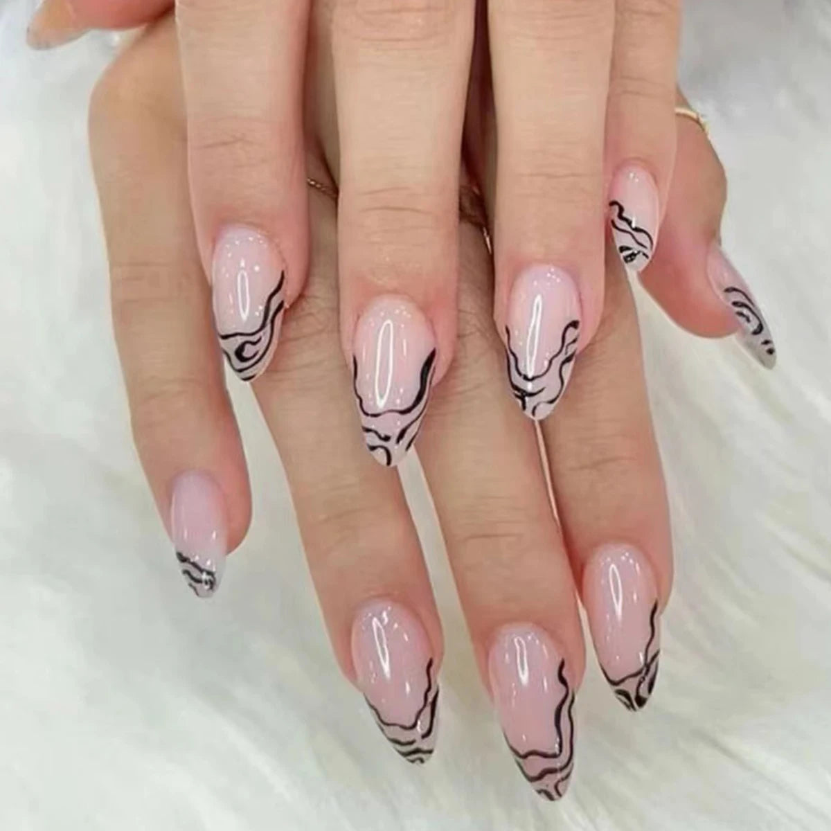 24Pcs/Set Women Girls Trendy Medium Almond French Wine Red Geometric Stripes Full Coverage Wearable Fake Nail Press on Nail Art