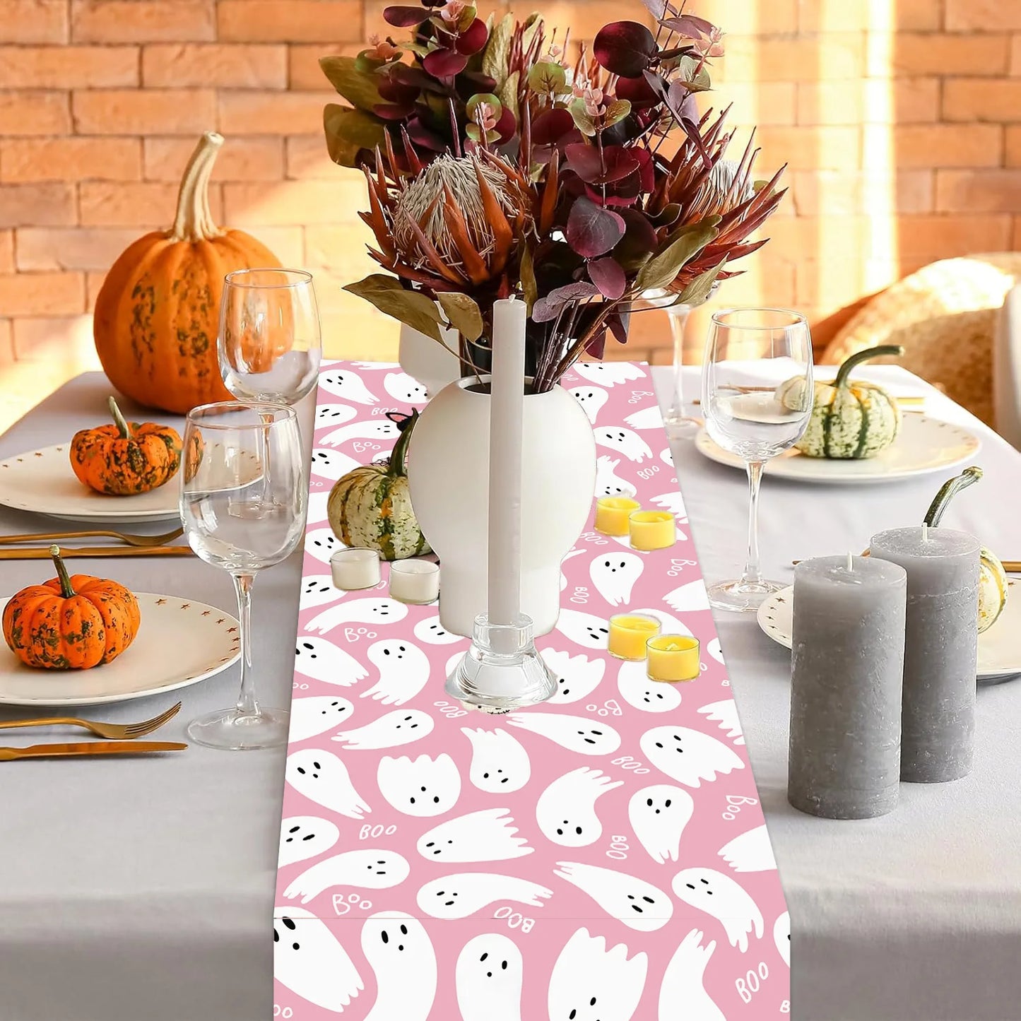 Halloween Pink Tablecloth with Cute Ghosts