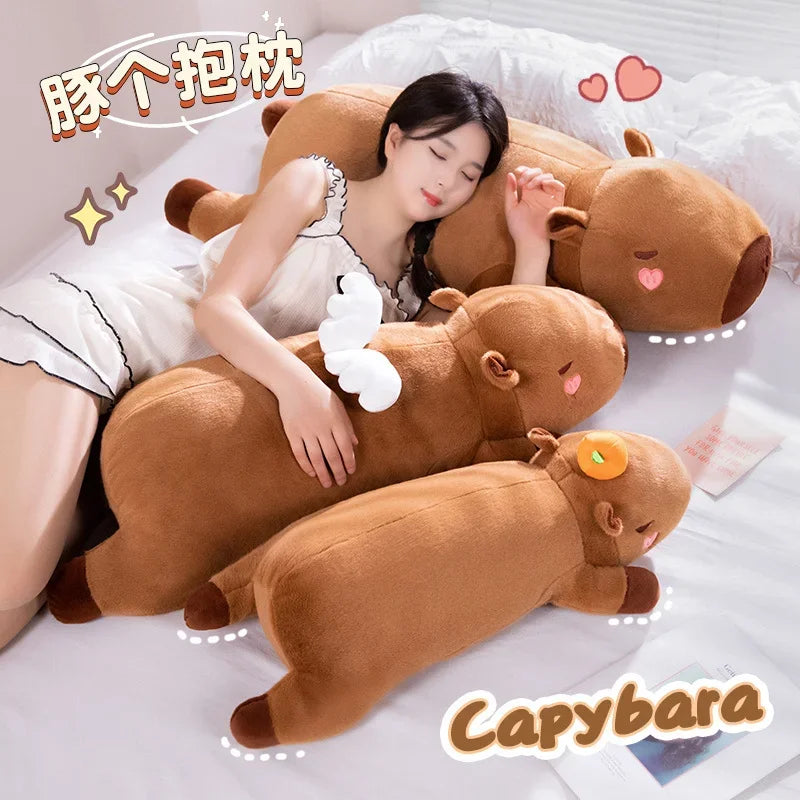 60cm-100cm Kawaii Cartoon Giant Strip Capybara Plush Doll Pillow Lying Brown Orange Wings Creative Capybara Plush Toy Home Decor