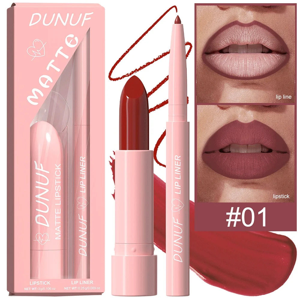 Red Brown Matte Lipstick Lip Liner Set Waterproof Long Lasting Hydrating Non Sticky Contour Lip Makeup