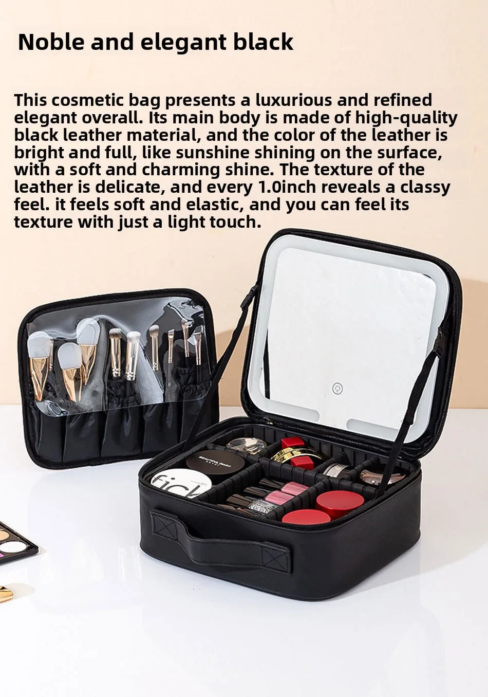 Premium LED Travel Cosmetic Bag with Mirror Women's Portable Large Capacity Makeup Brush Case Portable Partition Beauty Bag