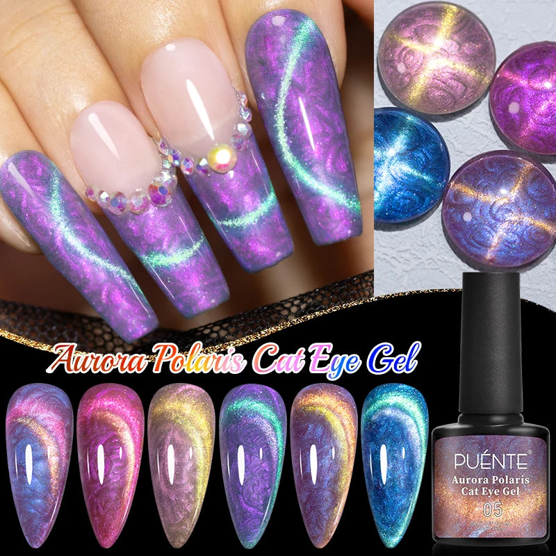 PUENTE 6pcs/set Aurora Shell Thread Cat Magnetic Gel Nail Polish 9D Aurora Glitter Pearl Cat Eye Soak Off UV Nail Art Varnish