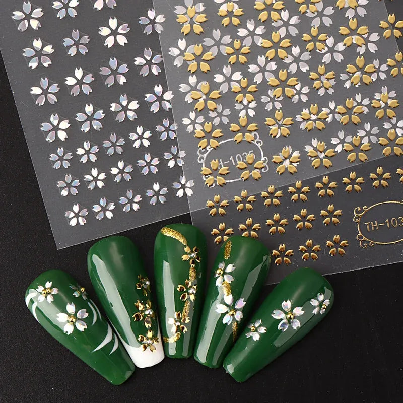 3DLaser Sakura Nail Stickers Holographic Laser Snake Pattern Slider Sakura Water Transfer Nail Decoration Set