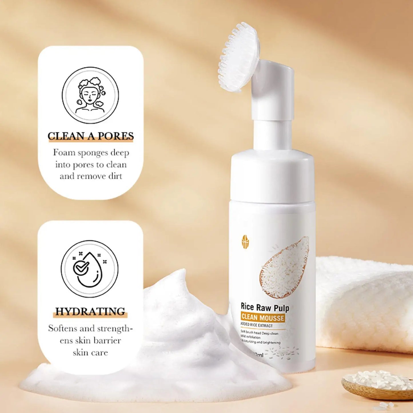 Rice Water Face Cleanser Rice Raw Pulp Foaming Facial Cleanser 120ml Soothing Facial Cleanser With Brush Head Clear Face Wash