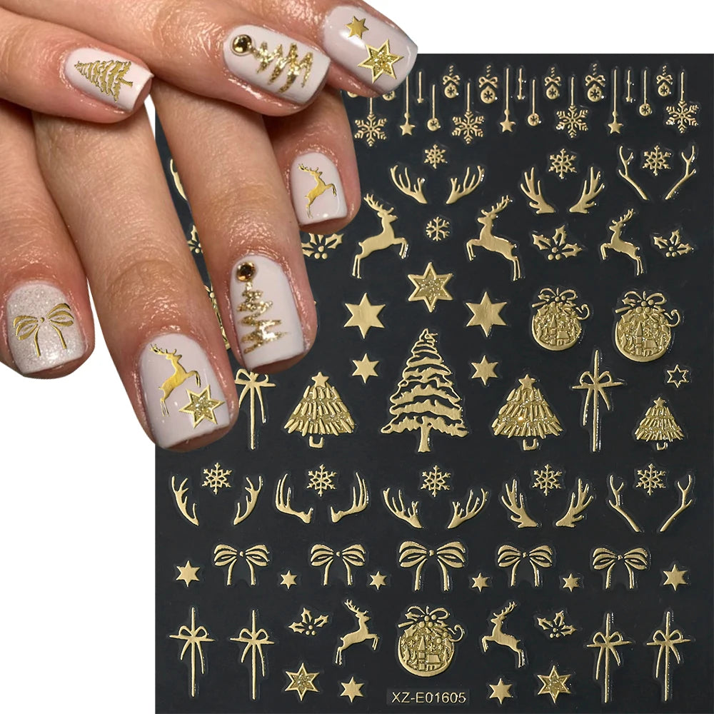 1Pcs 3D Gold Santa Claus Christmas Tree Nail Sticker Bronzing Shiny Snowflake Elk Bowknot Star Elegant Winter Xmas Nail Decals&%