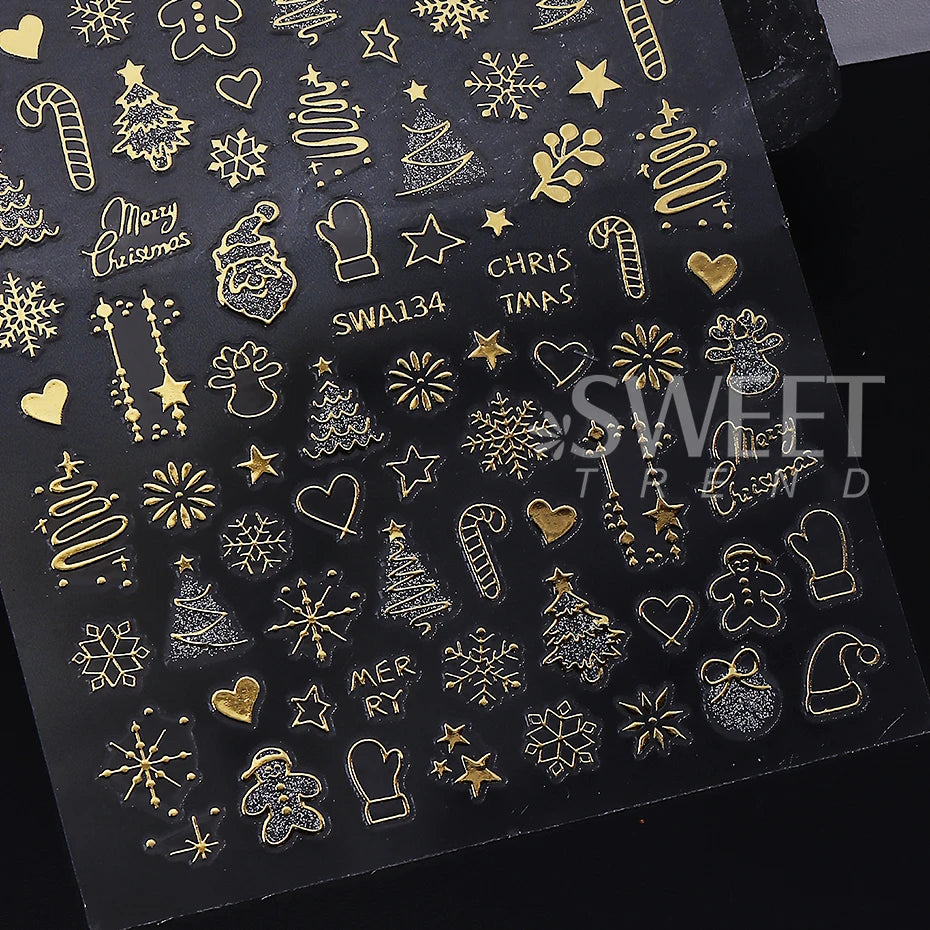 2pcs Gold Silver Christmas Nail Stickers 3D Bronzing Snowflake Xmas Tree Gingerbread Adhesive Decals DIY Winter Manicure Decor