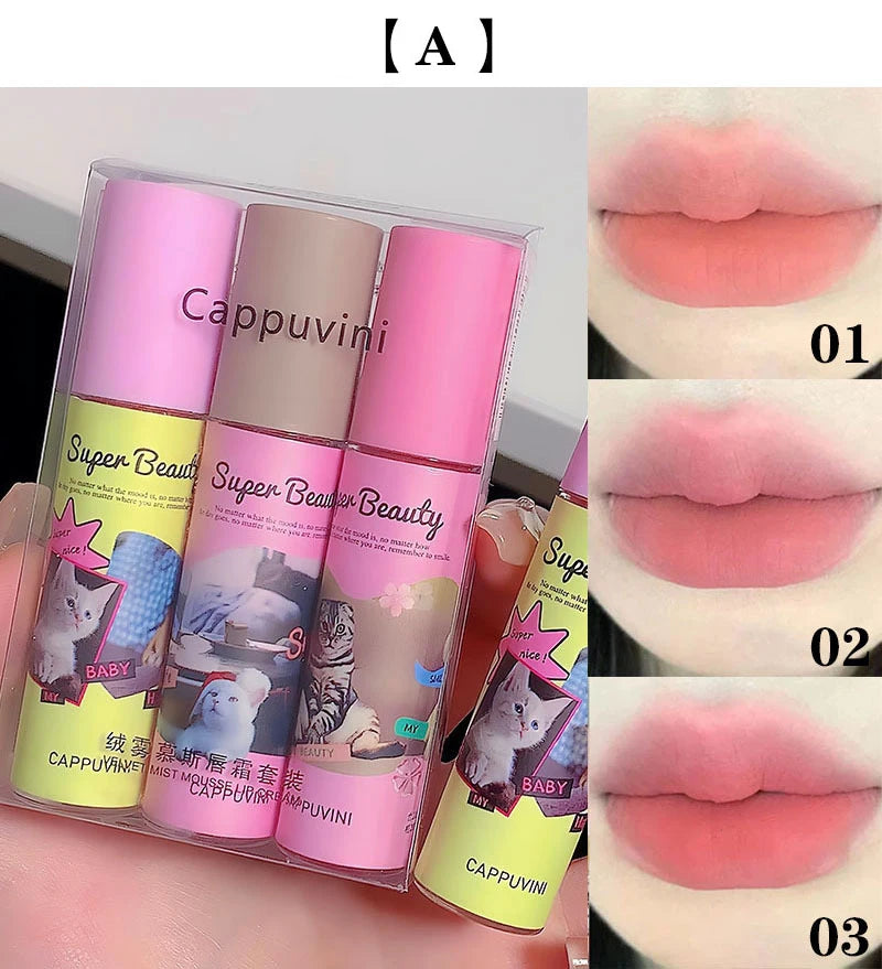 1PC/3PC Lovely Cat Collage Lipgloss Long Lasting Matte Lipstick Lip Makeup Tint Nude Red Lipgloss Waterproof Lipstick Cosmetics