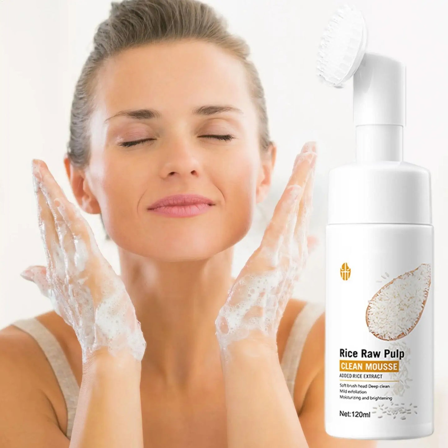 Rice Water Face Cleanser Rice Raw Pulp Foaming Facial Cleanser 120ml Soothing Facial Cleanser With Brush Head Clear Face Wash