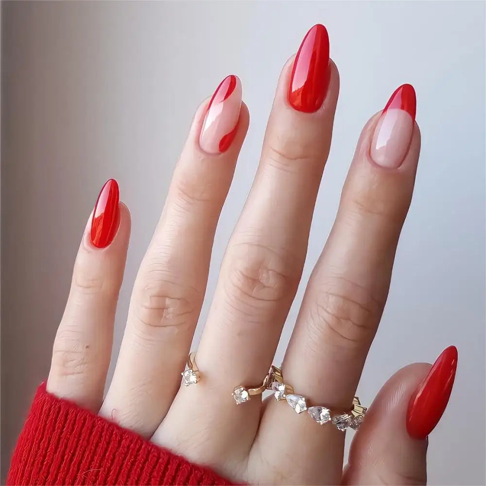 24Pcs/Set Women Girls Trendy Medium Almond French Wine Red Geometric Stripes Full Coverage Wearable Fake Nail Press on Nail Art